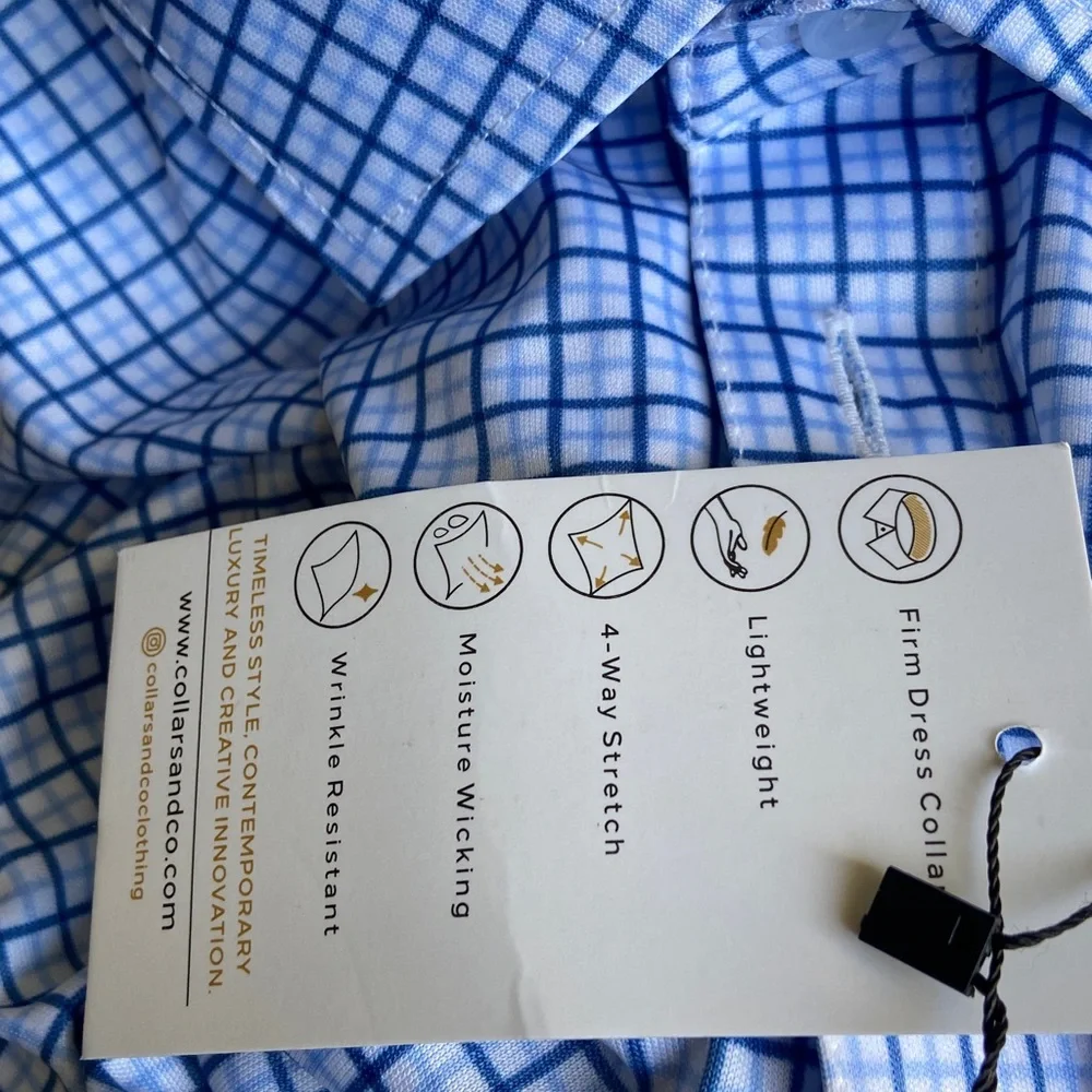 NWT Collars & Co. Semi-Spread Collar Polo Blue Tattersall Mens Size Medium Tall - Picture 11 of 11